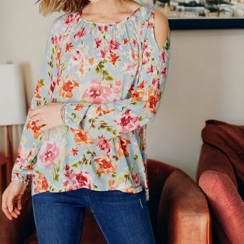 NWOT J. JILL (XS) Floral Long Sleeve Cold Shoulder Blouse Size